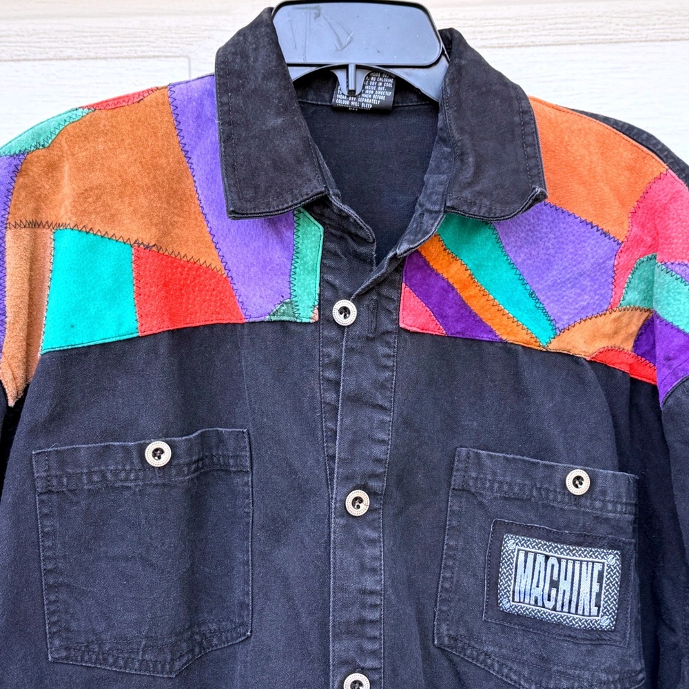 Machine Patchwork Leather Yoke Shirt Women XL Black Multi Good Retro Canvas